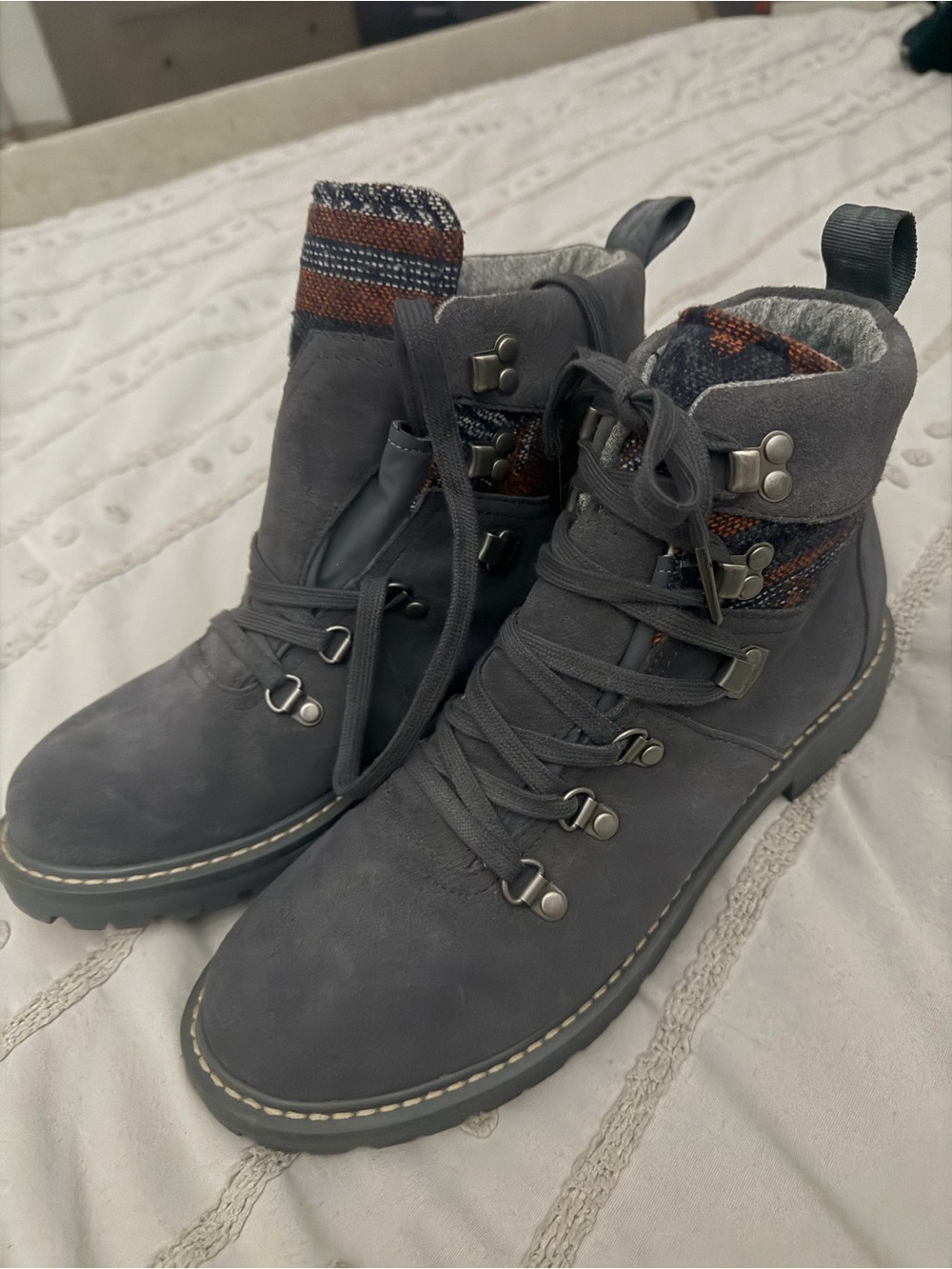 Toms Charcoal Lace-Up Ankle Boots with Knit Collar Accent